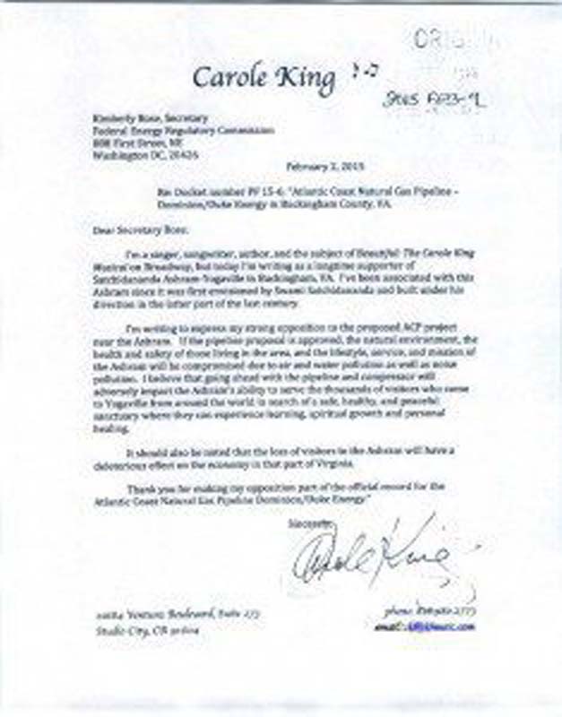 Carole King letter to FERC opposing ACP
